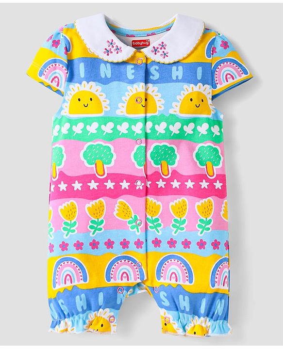 Babyhug 100% Cotton Knit Half Sleeves Peter Pan Romper with Tropical Print - Pink & Light Green