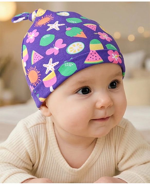 Babyhug 100% Cotton Knit Cap With Ice Cream & Fruit Print  Purple - Diameter 10cm