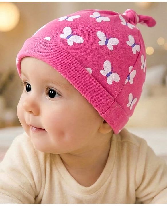 Babyhug 100% Cotton Knit Cap With Butterfly Print k Cap - Diameter 17