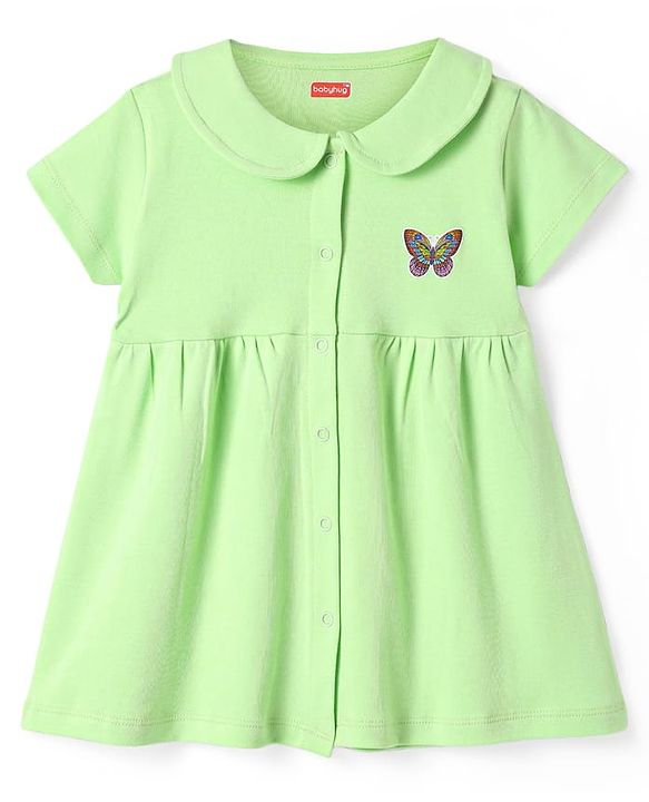 Babyhug Cotton Knit Half Sleeves Front Open Peter Pan Collared Frock with Bloomer & Butterfly Print - Light Green