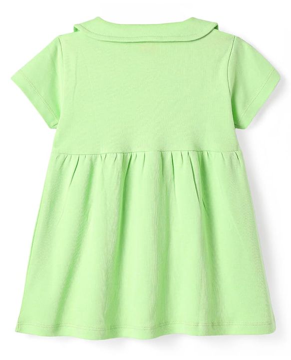Babyhug Cotton Knit Half Sleeves Front Open Peter Pan Collared Frock with Bloomer & Butterfly Print - Light Green