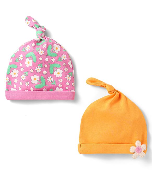 Babyhug 100% Cotton Knit Caps With Floral Print & Applique Pack of 2 Pink & Orange - Diameter 14