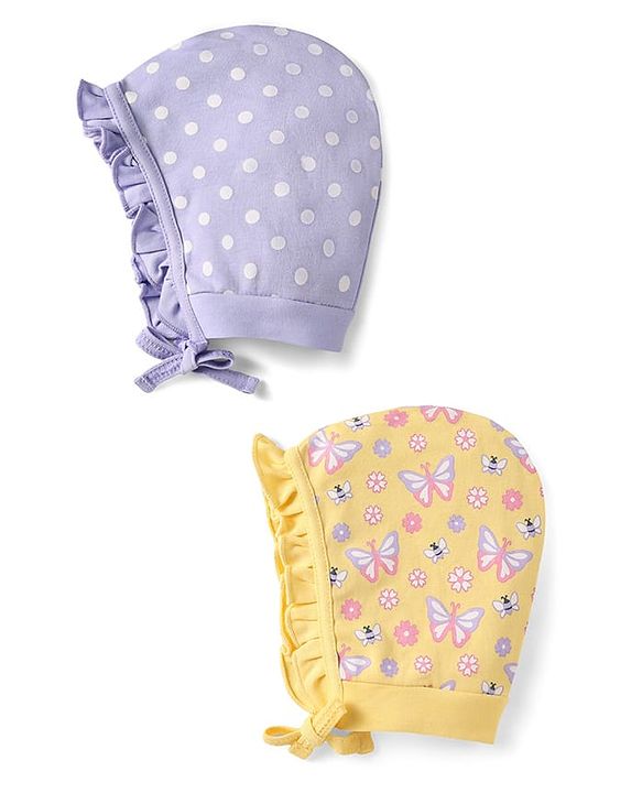 Babyhug 100% Cotton Polka Dots & Floral Printed Bonnet Bonnet Caps with Knot Pack of 2 Yellow & Lavender - Diameter 11.5 cm