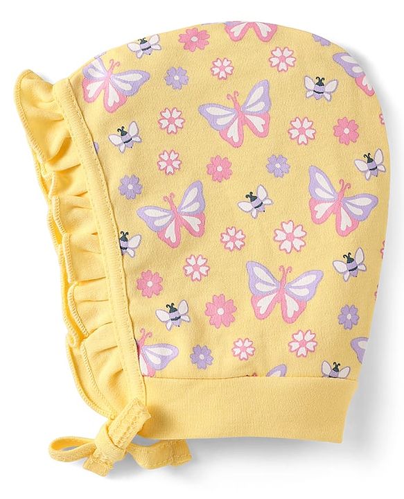 Babyhug 100% Cotton Polka Dots & Floral Printed Bonnet Bonnet Caps with Knot Pack of 2 Yellow & Lavender - Diameter 11.5 cm