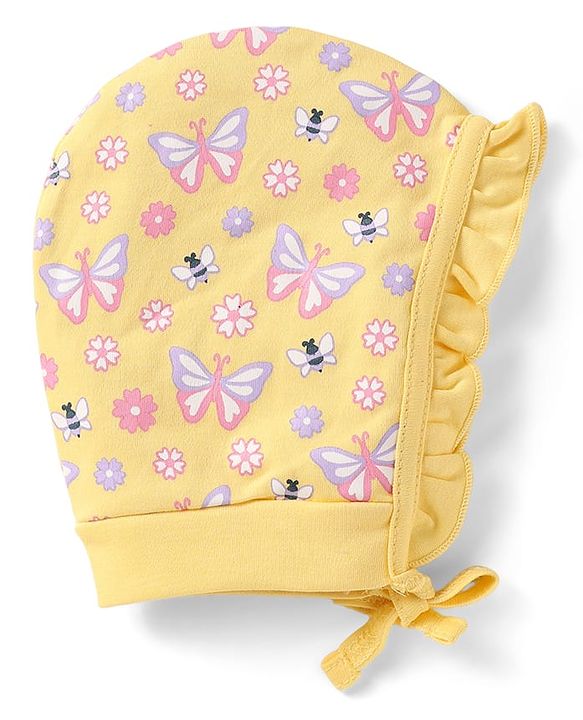Babyhug 100% Cotton Polka Dots & Floral Printed Bonnet Bonnet Caps with Knot Pack of 2 Yellow & Lavender - Diameter 11.5 cm