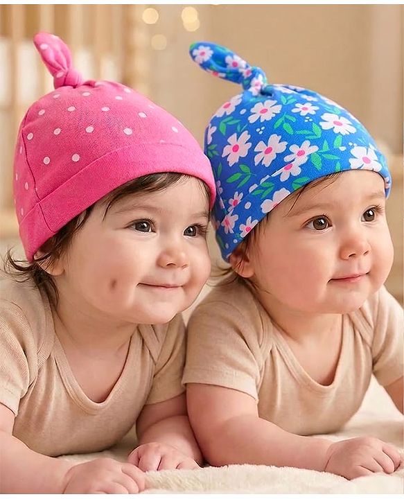 Babyhug Interlock Knit Caps with Floral & Polka Dots Print Pack of 2 - Pink & Blue
