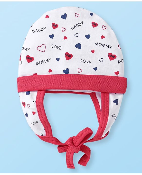 Babyhug 100% Cotton Knit Cap With Heart Print - White & Red