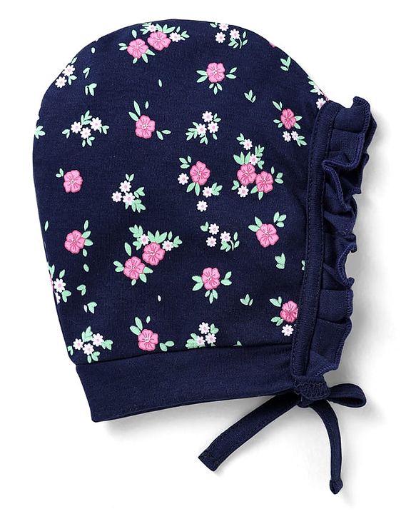 Babyhug 100% Cotton Interlock Knit Bonnet Bonnet Caps With Polka Dot & Floral Print Pack Of 2  Pink & Black - Diameter 16