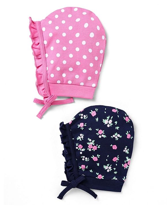 Babyhug 100% Cotton Interlock Knit Bonnet Bonnet Caps With Polka Dot & Floral Print Pack Of 2  Pink & Black - Diameter 16