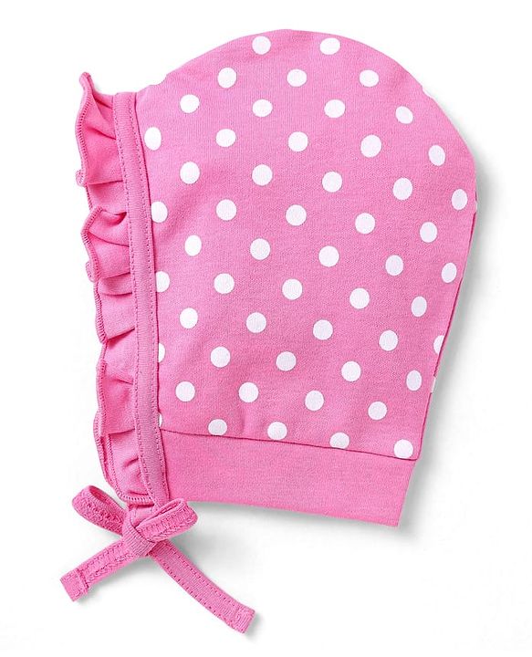 Babyhug 100% Cotton Interlock Knit Bonnet Bonnet Caps With Polka Dot & Floral Print Pack Of 2  Pink & Black - Diameter 16