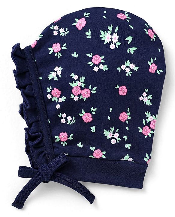Babyhug 100% Cotton Interlock Knit Bonnet Bonnet Caps With Polka Dot & Floral Print Pack Of 2  Pink & Black - Diameter 17
