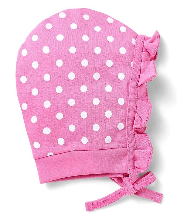 Babyhug 100% Cotton Interlock Knit Bonnet Bonnet Caps With Polka Dot & Floral Print Pack Of 2  Pink & Black - Diameter 17