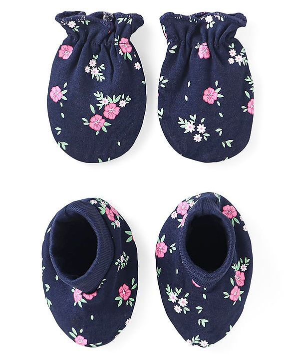 Babyhug 100% Cotton Knit Mittens & Booties with Floral Print - Navy Blue