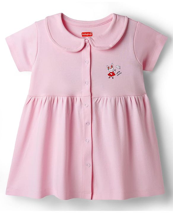 Babyhug Cotton Knit Half Sleeves Front Open Peter Pan Collared Frock with Bloomer & Bunny Print -Lavender
