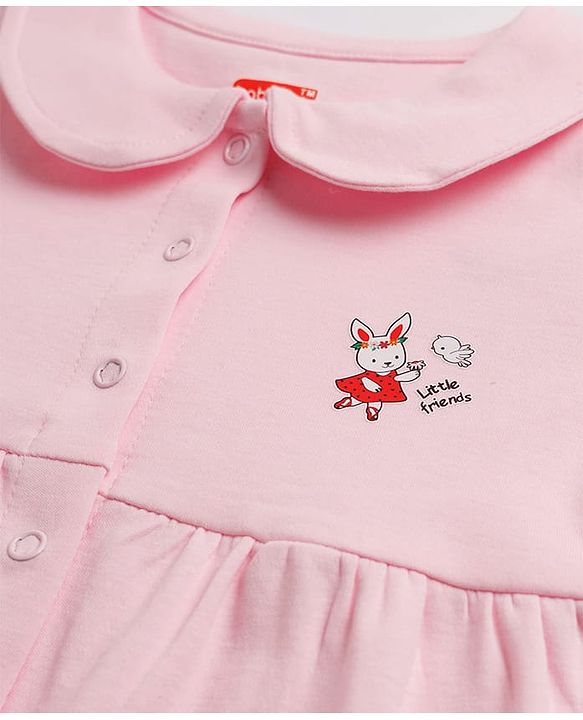 Babyhug Cotton Knit Half Sleeves Front Open Peter Pan Collared Frock with Bloomer & Bunny Print -Lavender
