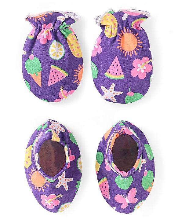 Babyhug 100% Cotton Knit Mittens & Booties with Tropical Print - Purple