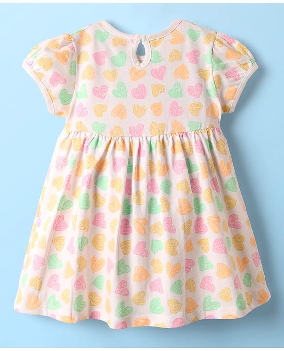 Babyhug 100% Cotton Single Jersey Knit Half Sleeves Hearts Printed Frock with Bloomer & Bow Applique - Ivory