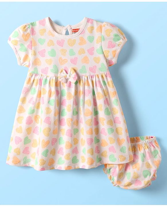 Babyhug 100% Cotton Single Jersey Knit Half Sleeves Hearts Printed Frock with Bloomer & Bow Applique - Ivory