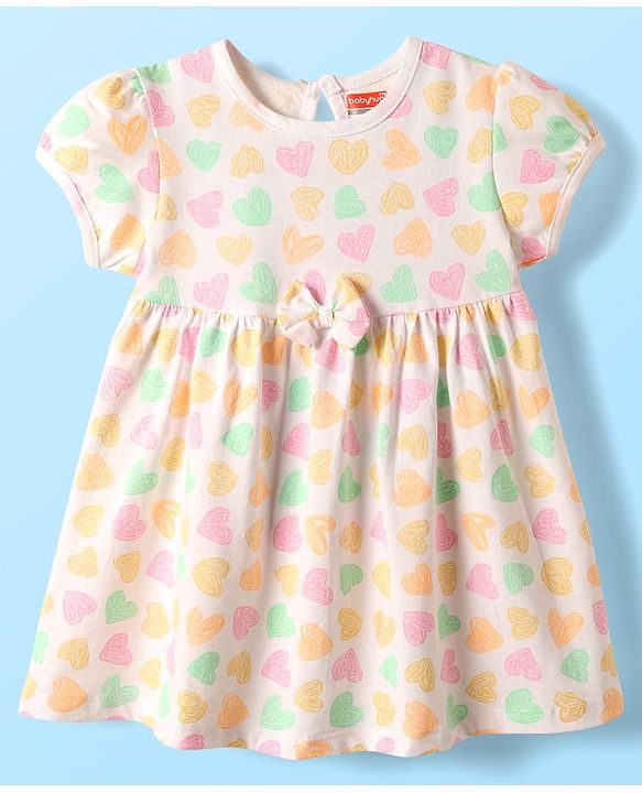 Babyhug 100% Cotton Single Jersey Knit Half Sleeves Hearts Printed Frock with Bloomer & Bow Applique - Ivory