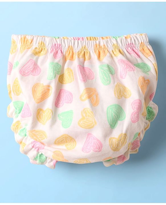 Babyhug 100% Cotton Single Jersey Knit Half Sleeves Hearts Printed Frock with Bloomer & Bow Applique - Ivory