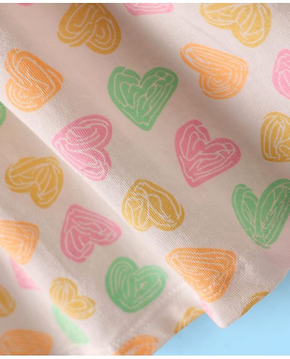 Babyhug 100% Cotton Single Jersey Knit Half Sleeves Hearts Printed Frock with Bloomer & Bow Applique - Ivory
