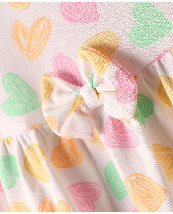Babyhug 100% Cotton Single Jersey Knit Half Sleeves Hearts Printed Frock with Bloomer & Bow Applique - Ivory