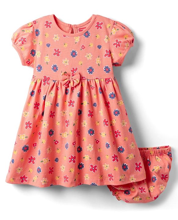 Babyhug Single Jersey Knit Half Sleeves Floral Printed Frock with Bloomer & Bow Applique - Orange