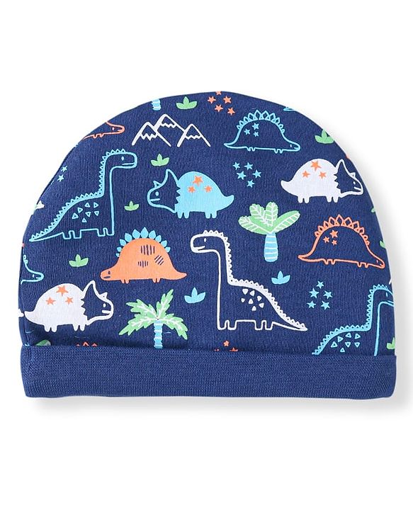 Babyhug 100% Cotton Knit Cap Mittens & Booties With Dino Print - Navy Blue
