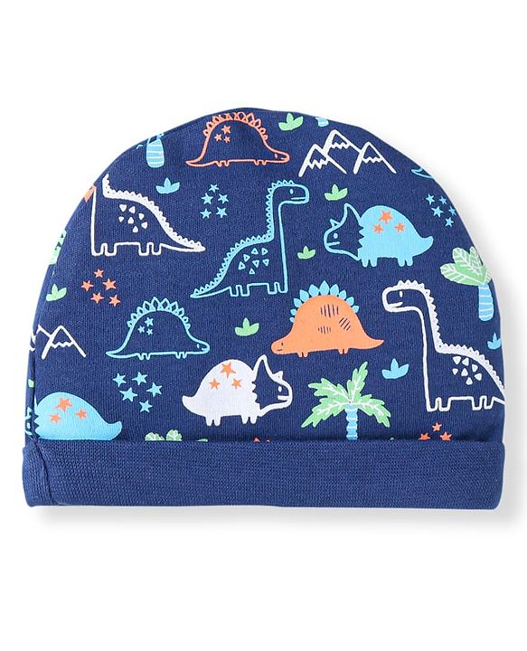 Babyhug 100% Cotton Knit Cap Mittens & Booties With Dino Print - Navy Blue