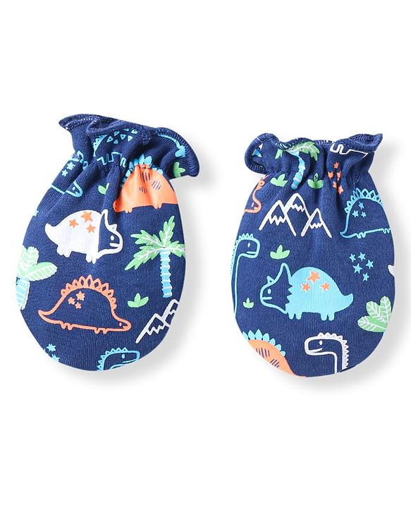 Babyhug 100% Cotton Knit Cap Mittens & Booties With Dino Print - Navy Blue