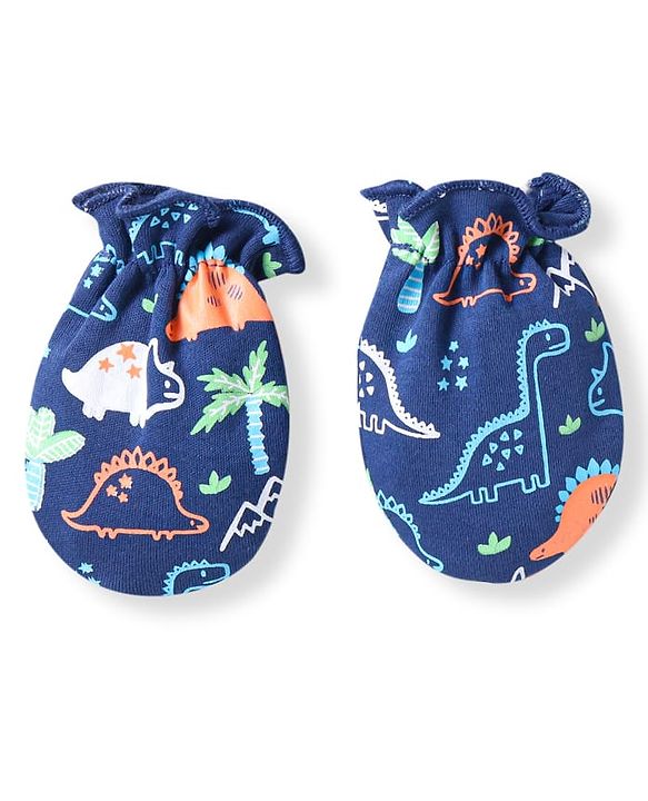 Babyhug 100% Cotton Knit Cap Mittens & Booties With Dino Print - Navy Blue