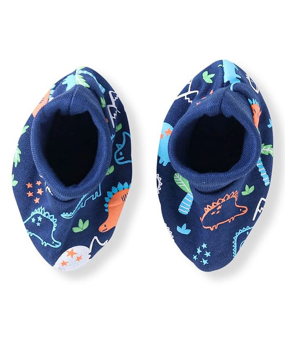 Babyhug 100% Cotton Knit Cap Mittens & Booties With Dino Print - Navy Blue