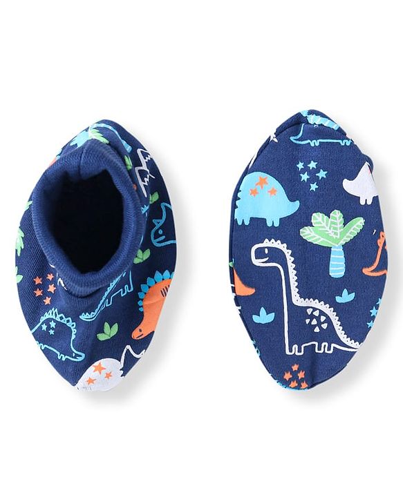 Babyhug 100% Cotton Knit Cap Mittens & Booties With Dino Print - Navy Blue