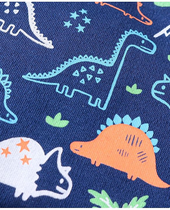 Babyhug 100% Cotton Knit Cap Mittens & Booties With Dino Print - Navy Blue