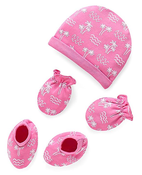Babyhug 100% Cotton Cap Mittens And Booties Beach Theme Printed Pink - Diameter 15