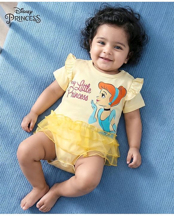 Babyhug Disney Interlock Knit Half Sleeves Onesie With Frill Detailing & Cinderella Graphics - Off White