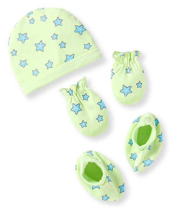 Babyhug 100% Cotton Knit Cap Mittens & Booties With Star Print Light Green - Diameter 10cm