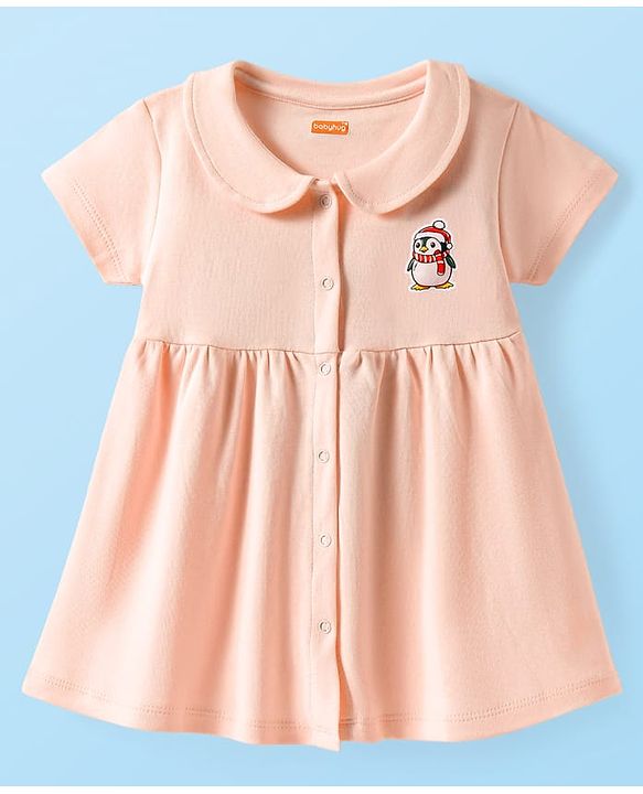Babyhug Cotton Woven Half Sleeves Front Open Frock With Penguin Print & Bloomer - Peach