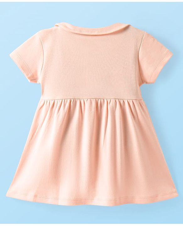 Babyhug Cotton Woven Half Sleeves Front Open Frock With Penguin Print & Bloomer - Peach