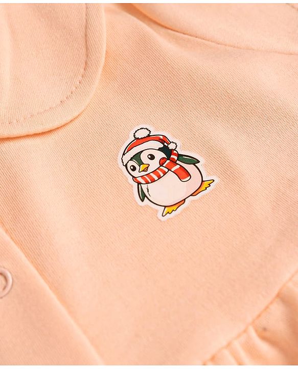 Babyhug Cotton Woven Half Sleeves Front Open Frock With Penguin Print & Bloomer - Peach