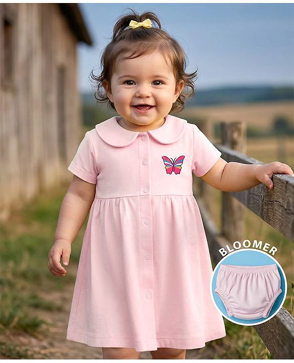 Babyhug Cotton Knit Half Sleeves Frock with Bloomer & Butterfly Graphic - Pink