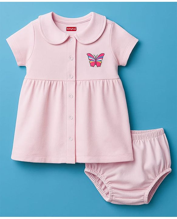 Babyhug Cotton Knit Half Sleeves Frock with Bloomer & Butterfly Graphic - Pink