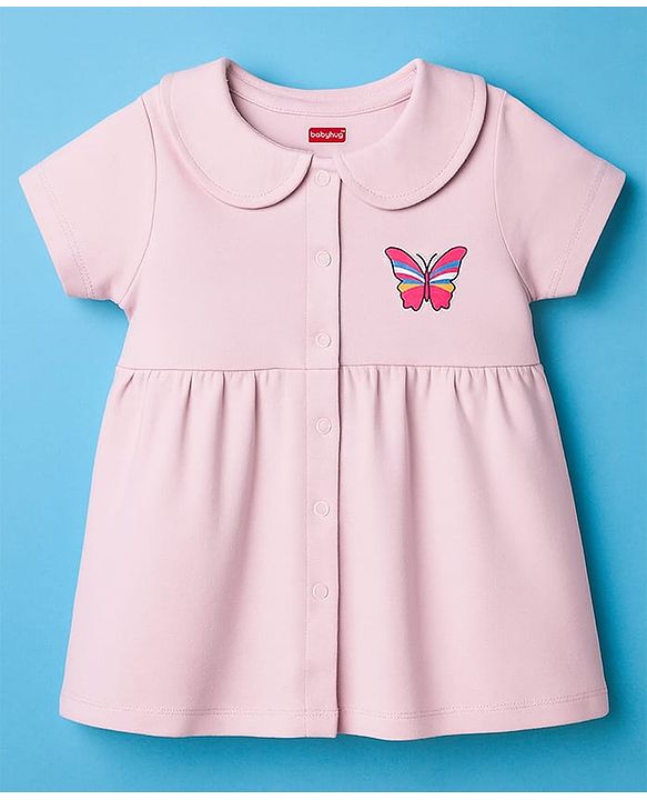 Babyhug Cotton Knit Half Sleeves Frock with Bloomer & Butterfly Graphic - Pink