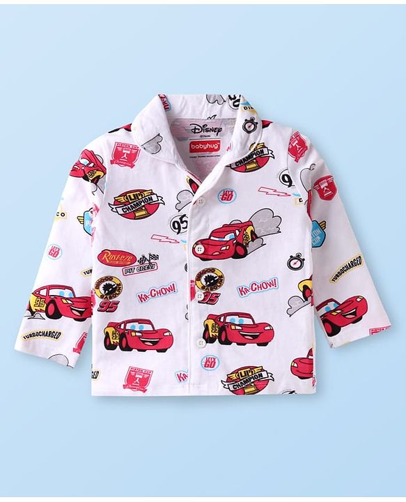 Babyhug Disney Single Jersey Knit Full Sleeves Night Suit With Cars Graphics - White