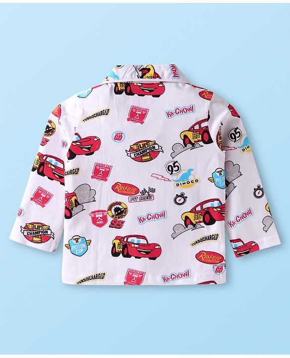 Babyhug Disney Single Jersey Knit Full Sleeves Night Suit With Cars Graphics - White