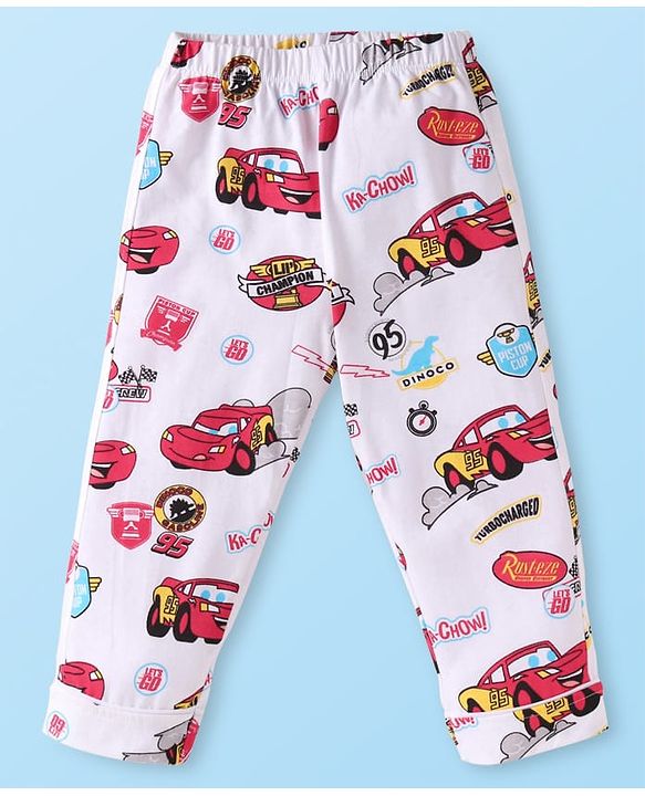 Babyhug Disney Single Jersey Knit Full Sleeves Night Suit With Cars Graphics - White