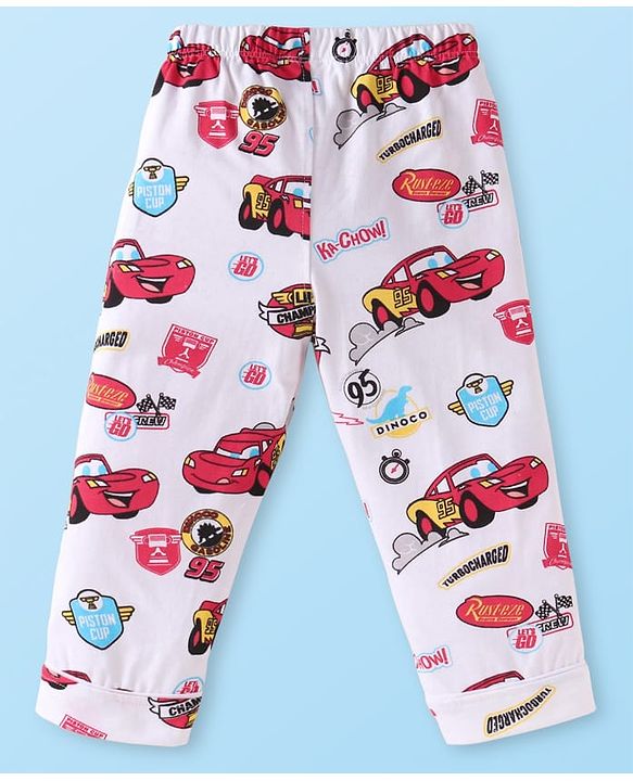 Babyhug Disney Single Jersey Knit Full Sleeves Night Suit With Cars Graphics - White