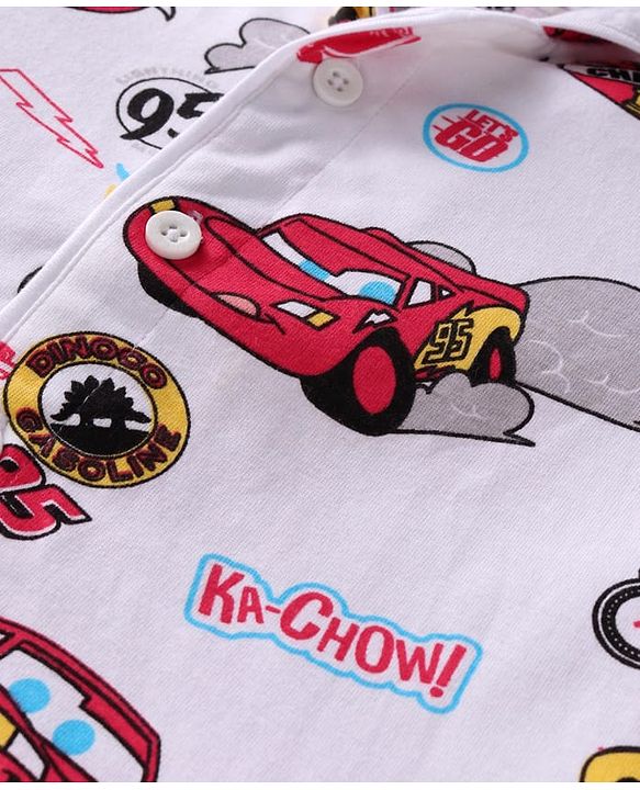 Babyhug Disney Single Jersey Knit Full Sleeves Night Suit With Cars Graphics - White