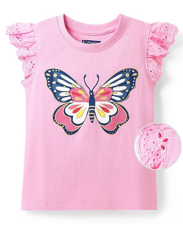 Pine Kids Cotton Knit Frill Sleeves T-Shirt With Butterfly Print- Pink