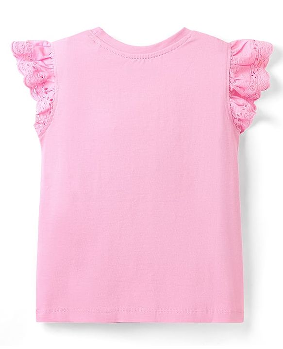 Pine Kids Cotton Knit Frill Sleeves T-Shirt With Butterfly Print- Pink